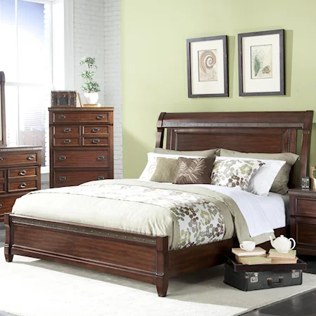 King Sleigh Bed with Nail Head Trim and Side Cut-Outs